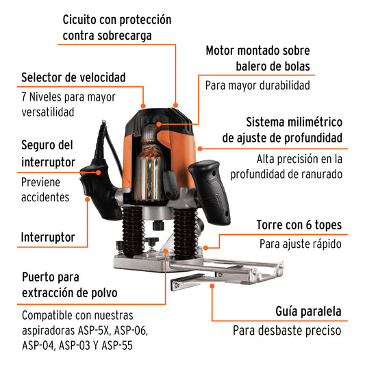 Router Rebajadora TRUPER PRO 1200W 1-3/4 HP - Herramienta Profesional para Carpintería y Trabajos en Madera con Control de Profundidad Variable