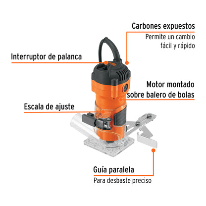 Router Compacto Profesional TRUPER 600W 3/4 HP - Corte Preciso en Madera con Control de Profundidad - ROU-MA