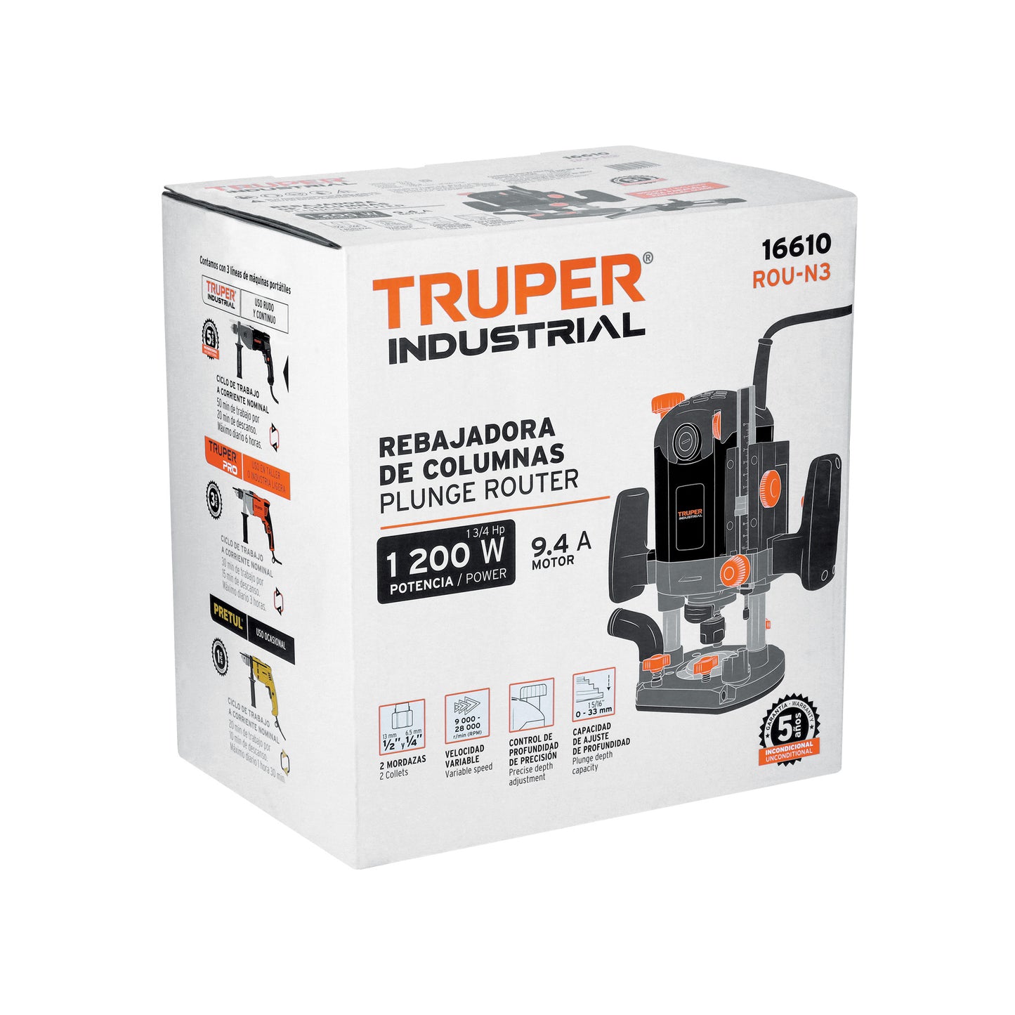 Router Rebajadora Industrial Truper ROU-N3 1200W 1-3/4 HP - Herramienta Profesional para Carpintería y Trabajos en Madera con Control de Velocidad Variable