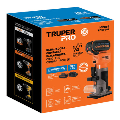 Router Rebajadora 1/4 Inalámbrica Brushless TRUPER PRO ROUI-20A - Batería 4Ah Velocidad Variable LED