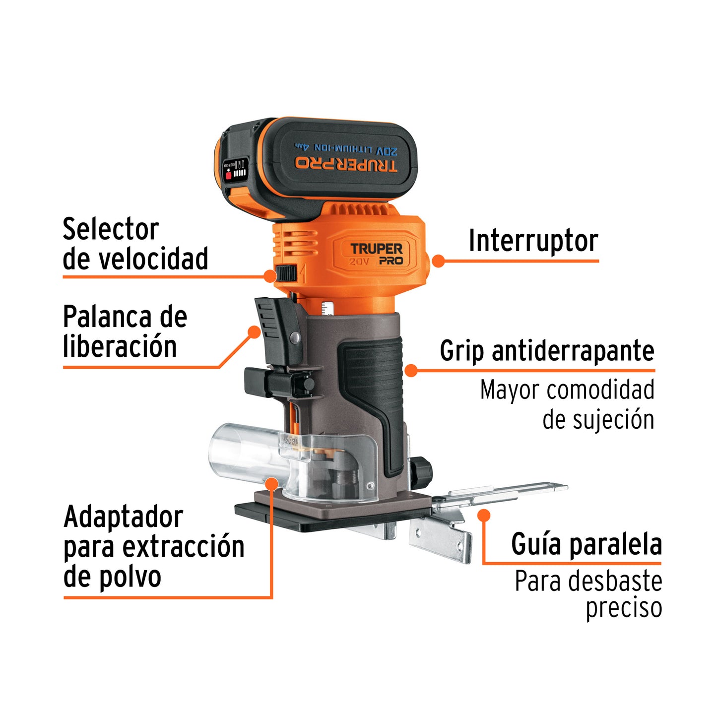 Router Rebajadora 1/4 Inalámbrica Brushless TRUPER PRO ROUI-20A - Batería 4Ah Velocidad Variable LED