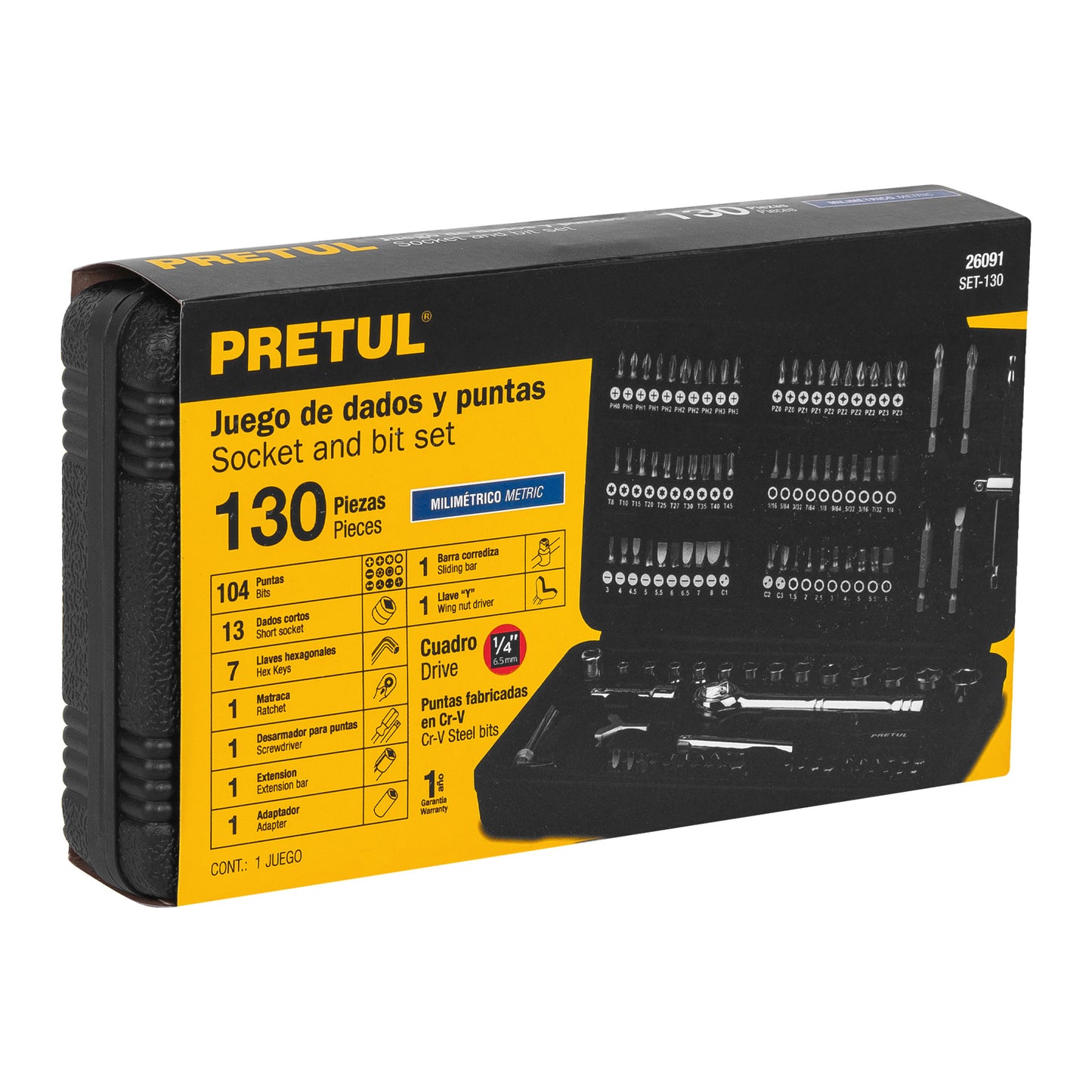 Juego de Herramientas Mecánico 130 Piezas 1/4 Pretul SET-130 - Kit Completo con Estuche Organizador para Reparación Automotriz y Mantenimiento Industrial