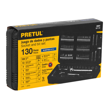 Juego de Herramientas Mecánico 130 Piezas 1/4 Pretul SET-130 - Kit Completo con Estuche Organizador para Reparación Automotriz y Mantenimiento Industrial