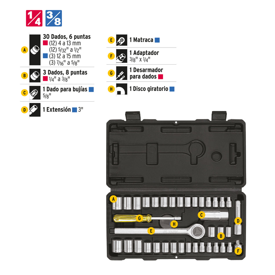 Juego de 39 herramientas 1/4" y 3/8" para mecánico, Pretul