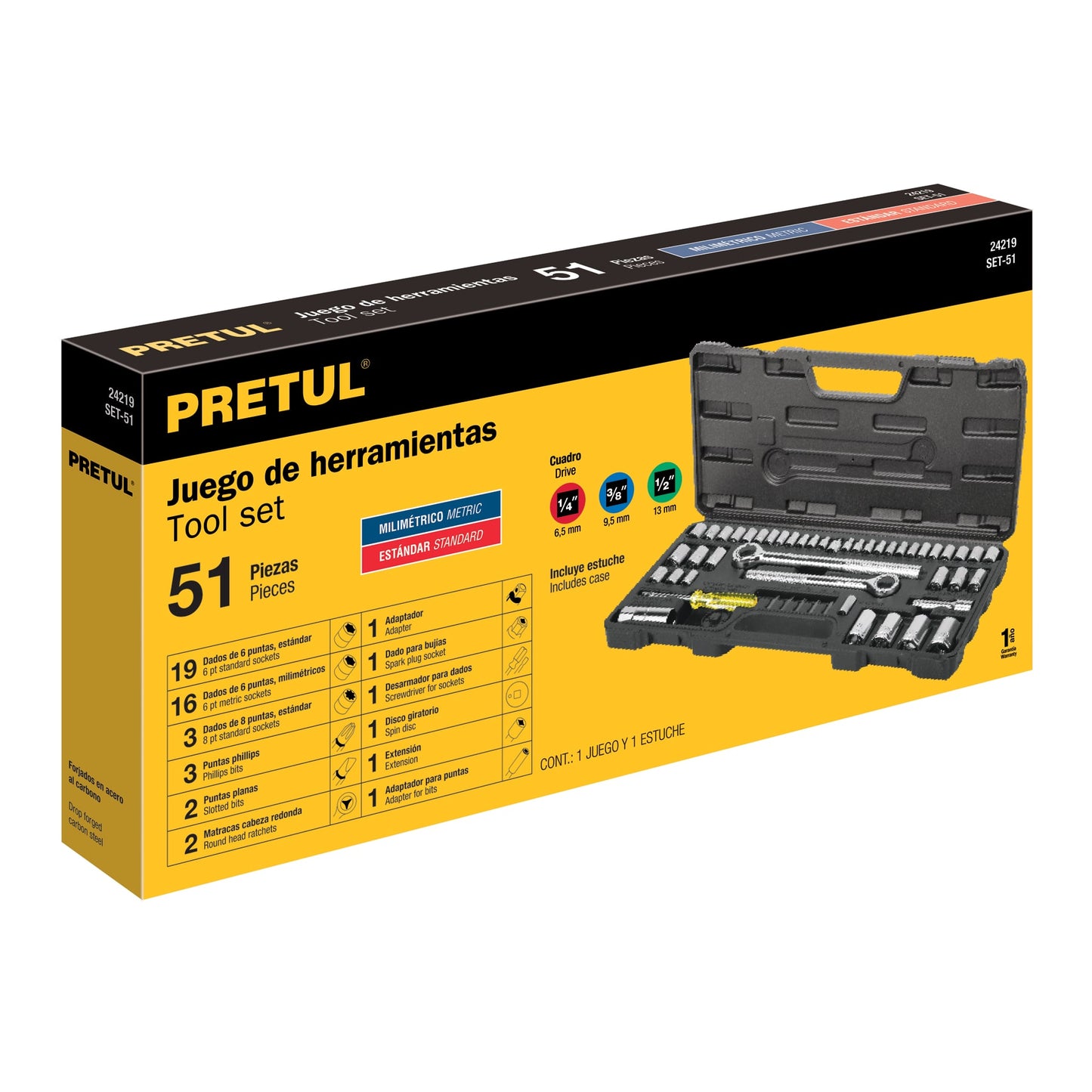 Juego 51 Herramientas Mecánico Pretul SET-51 - Dados 1/4 3/8 1/2 Pulgada con Estuche Organizado para Reparación Automotriz Profesional