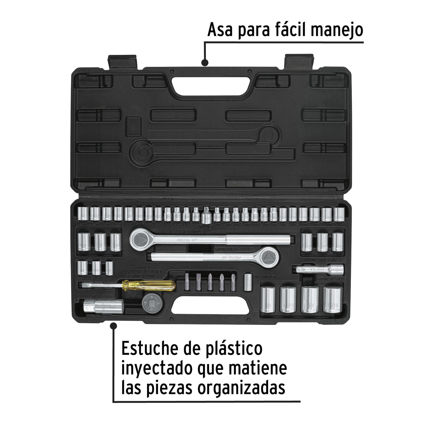 Juego 51 Herramientas Mecánico Pretul SET-51 - Dados 1/4 3/8 1/2 Pulgada con Estuche Organizado para Reparación Automotriz Profesional