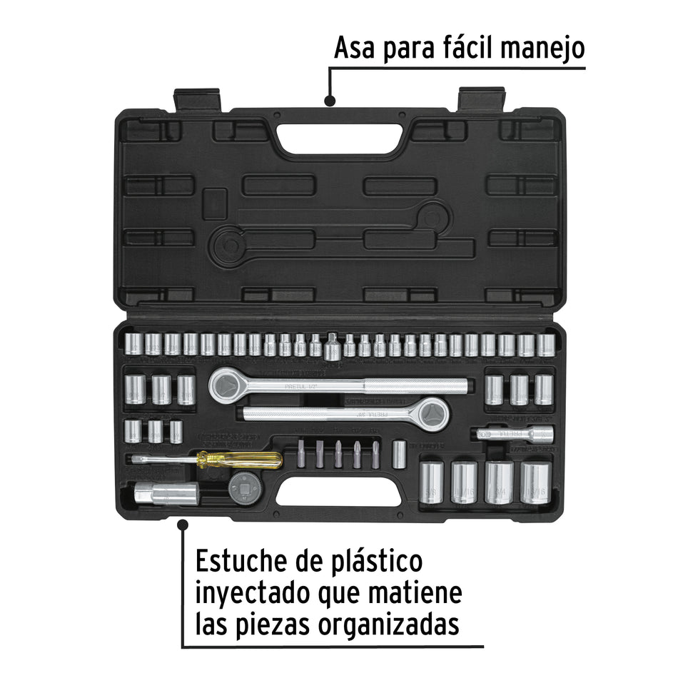 Juego 51 Herramientas Mecánico Pretul SET-51 - Dados 1/4 3/8 1/2 Pulgada con Estuche Organizado para Reparación Automotriz Profesional
