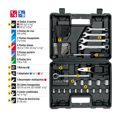 Juego de Herramientas Mecánico Profesional SET-70 PRETUL - 66 Piezas 1/4" y 3/8" con Estuche Organizador - Solución Completa para Reparación Automotriz