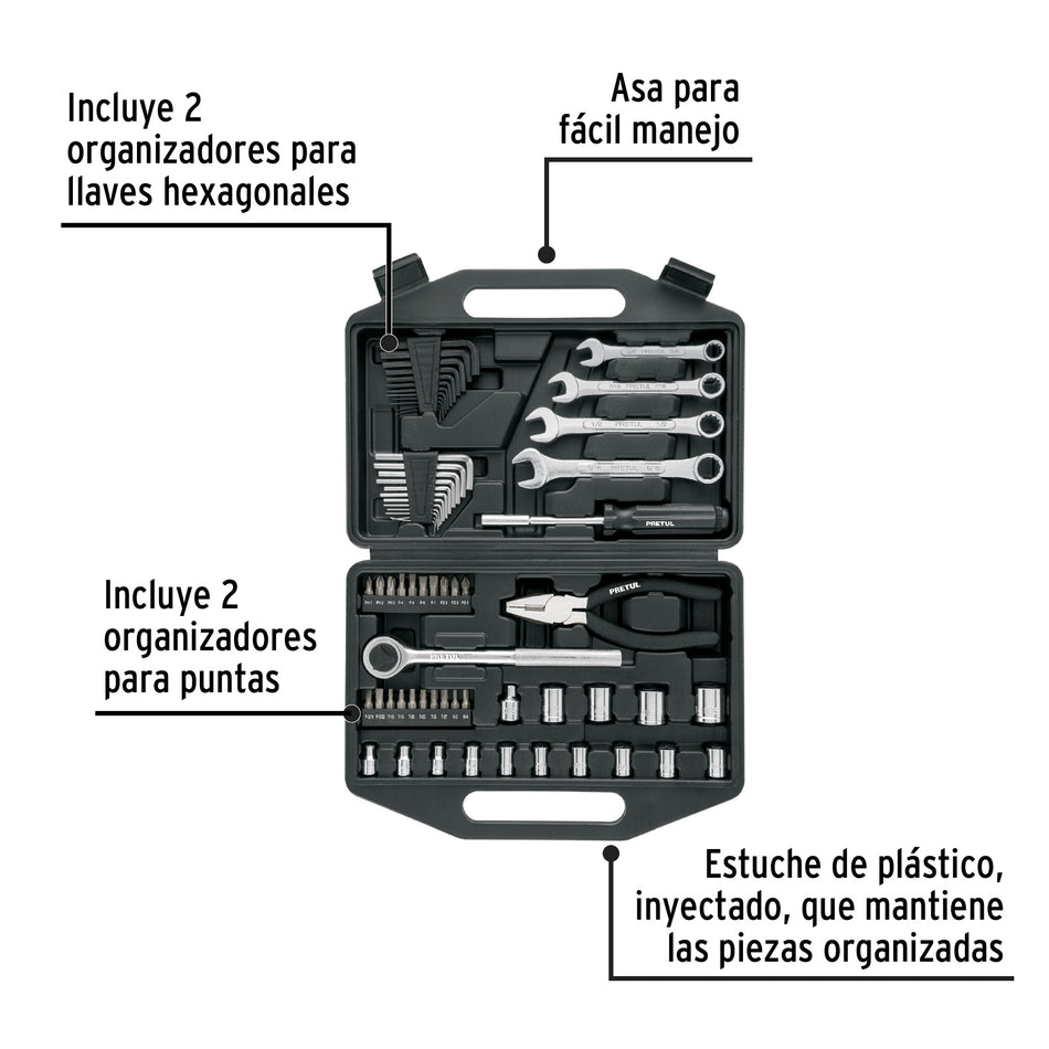 Juego de 66 herramientas 1/4" y 3/8" para mecánico, Pretul