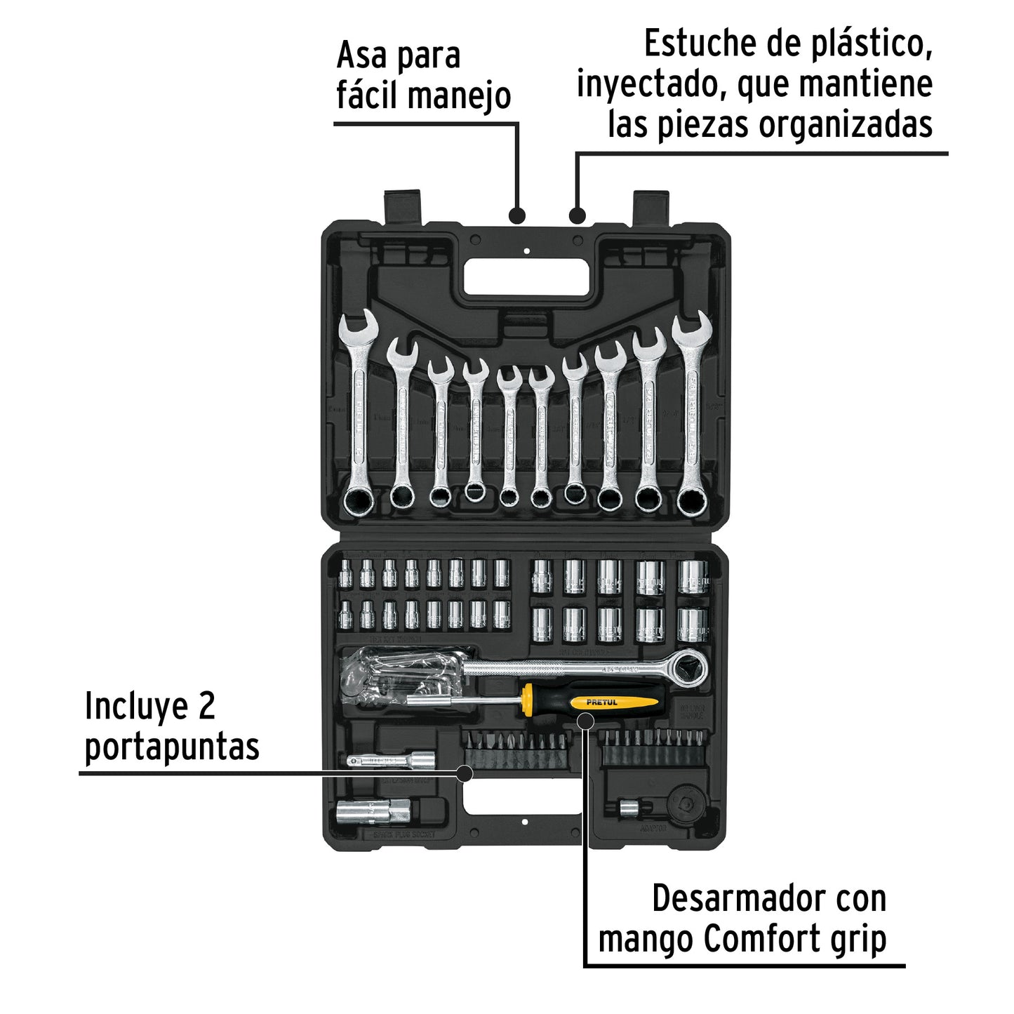 Juego de Herramientas Mecánico Pretul SET-73 - 70 Piezas 1/4 y 3/8 con Estuche Organizador para Reparación Automotriz Profesional