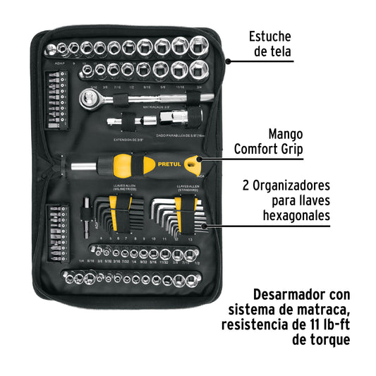 Juego de 83 Herramientas Mecánico 1/4 y 3/8 Pretul SET-85 - Kit Completo Profesional con Matraca Doble Sistema y Estuche - Solución Integral para Reparación Automotriz