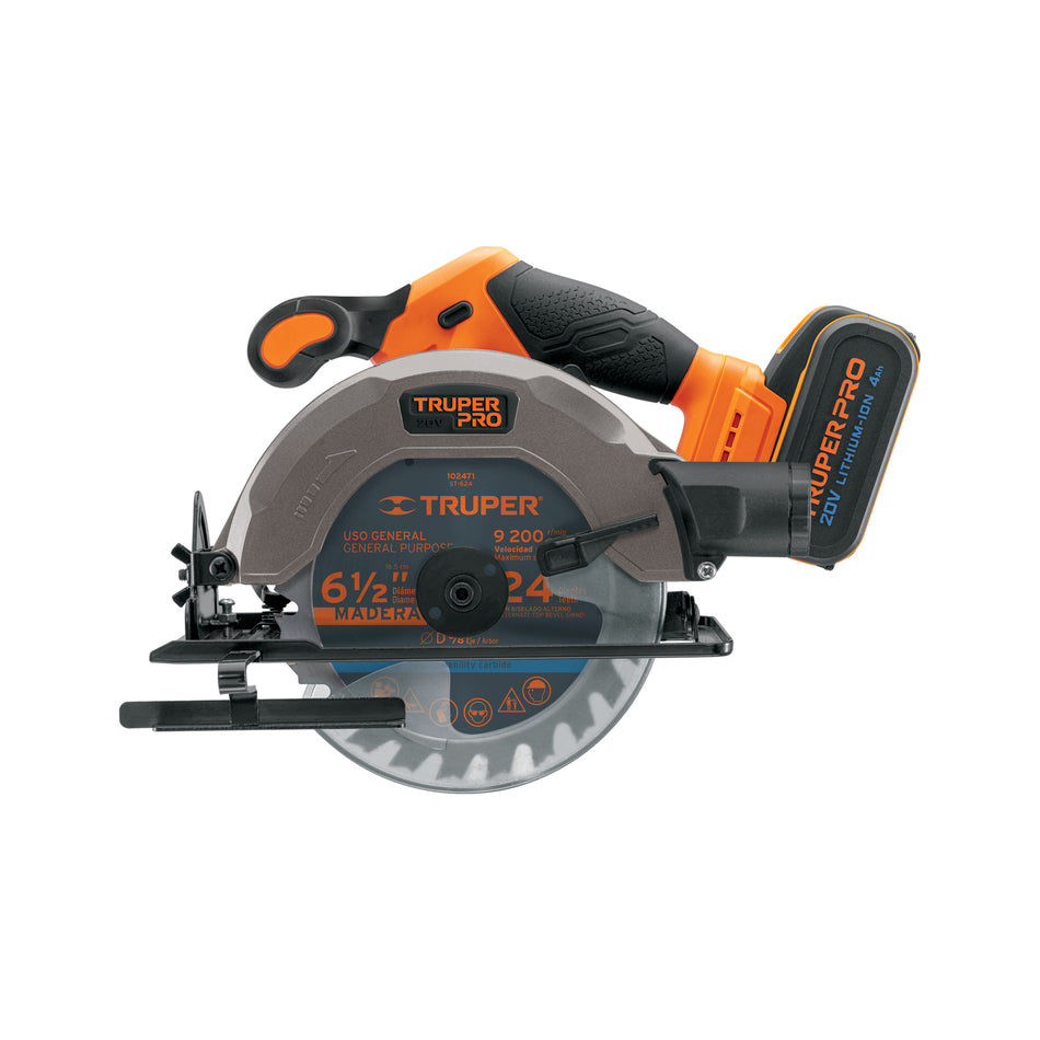 Sierra Circular 6-1/2 Pulgadas 20V Inalámbrica TRUPER PRO SICI-20A con Batería 4Ah - Corte Bisel 50° Profesional
