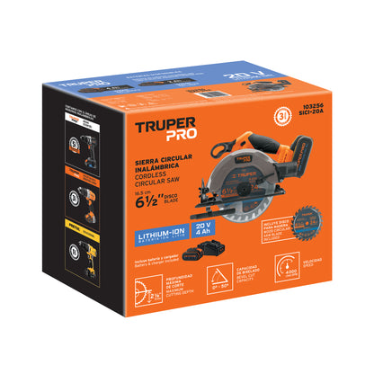 Sierra Circular 6-1/2 Pulgadas 20V Inalámbrica TRUPER PRO SICI-20A con Batería 4Ah - Corte Bisel 50° Profesional