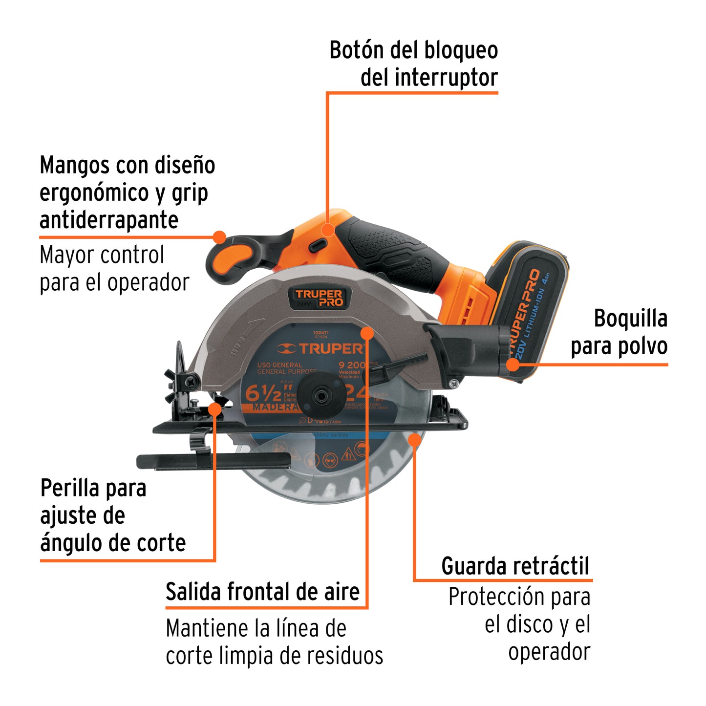 Sierra Circular 6-1/2 Pulgadas 20V Inalámbrica TRUPER PRO SICI-20A con Batería 4Ah - Corte Bisel 50° Profesional