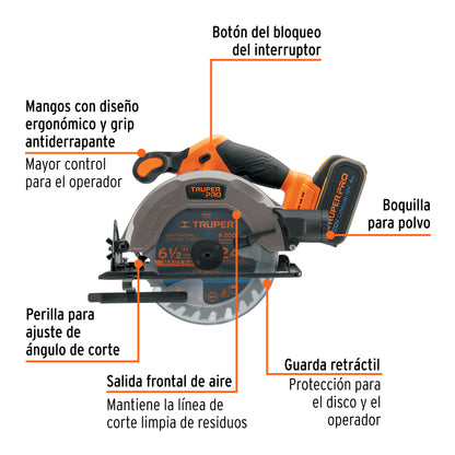 Sierra Circular 6-1/2 Pulgadas 20V Inalámbrica TRUPER PRO SICI-20A con Batería 4Ah - Corte Bisel 50° Profesional