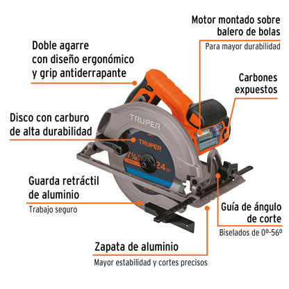 Sierra Circular 7-1/4" 1750W TRUPER PRO SICI-7-1/4A3 - Corte Preciso Madera con Motor Potente y Guía Bisel 45°