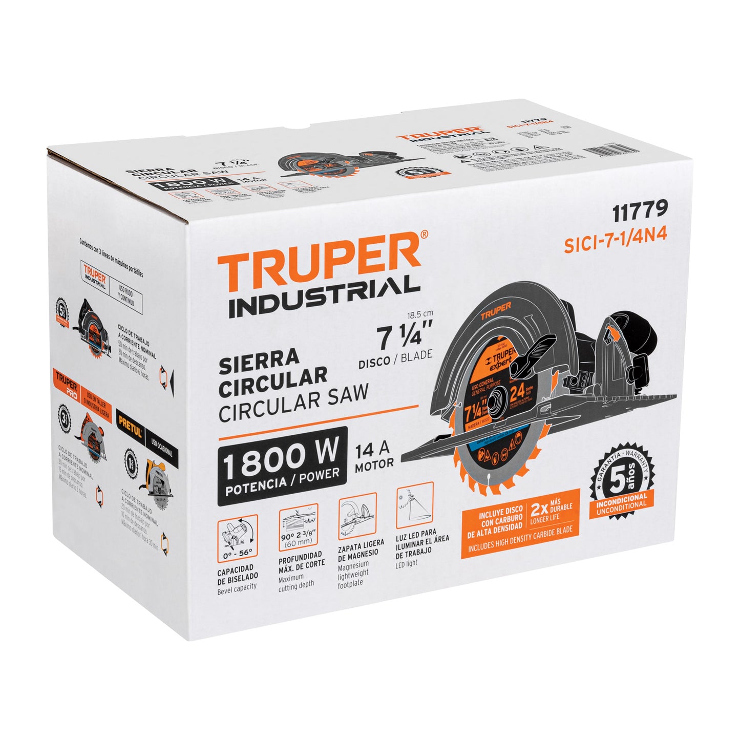 Sierra Circular Profesional TRUPER 7-1/4" 1800W SICI-7-1/4N4 - Motor Industrial con LED, Corte Bisel 56°, Zapata Magnesio - Solución Completa para Cortes Precisos en Madera