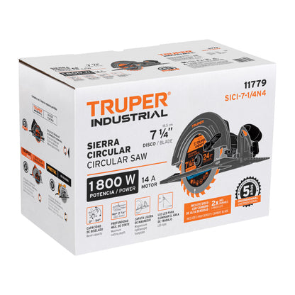 Sierra Circular Profesional TRUPER 7-1/4" 1800W SICI-7-1/4N4 - Motor Industrial con LED, Corte Bisel 56°, Zapata Magnesio - Solución Completa para Cortes Precisos en Madera
