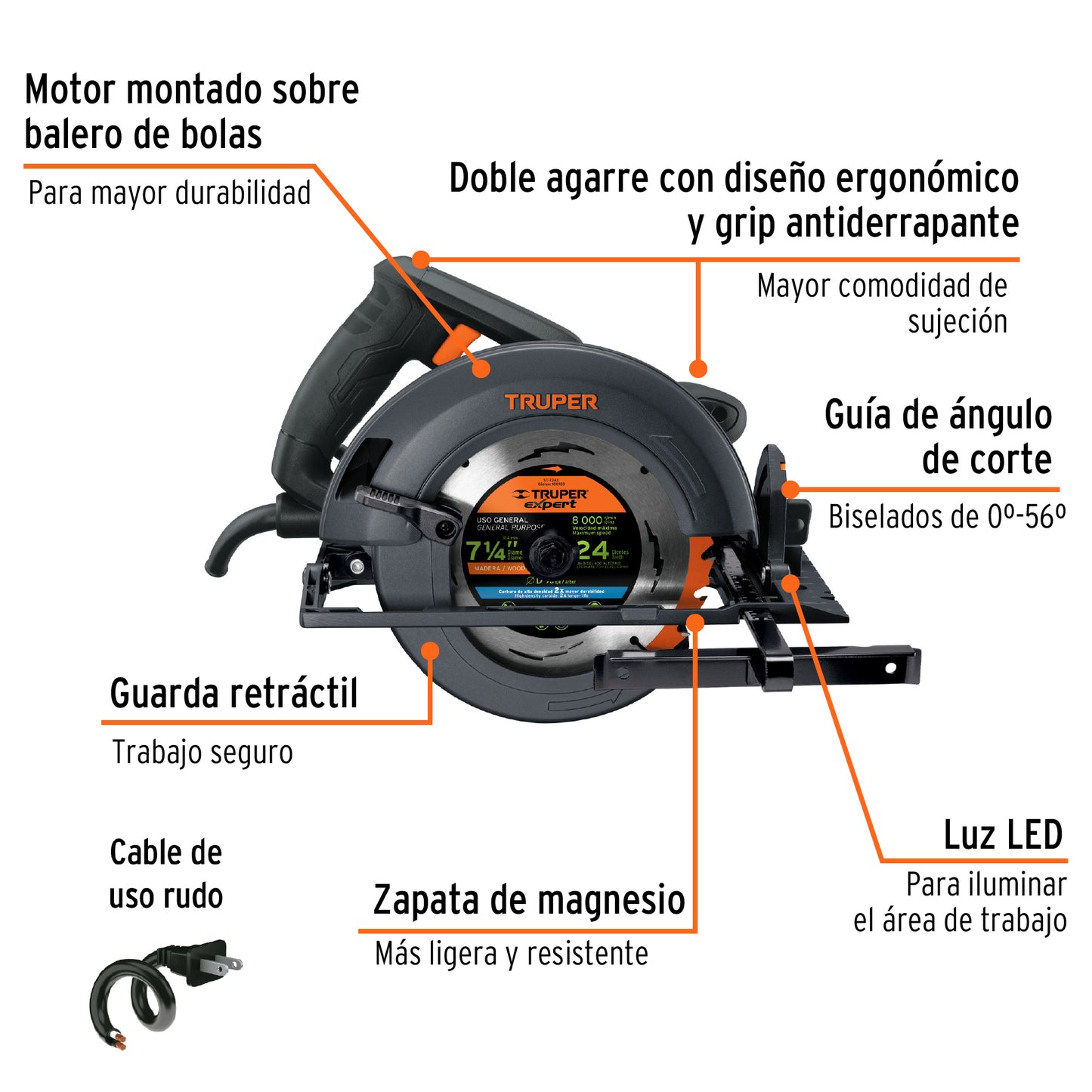 Sierra Circular Profesional TRUPER 7-1/4" 1800W SICI-7-1/4N4 - Motor Industrial con LED, Corte Bisel 56°, Zapata Magnesio - Solución Completa para Cortes Precisos en Madera