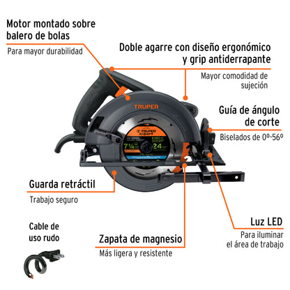 Sierra Circular Profesional TRUPER 7-1/4" 1800W SICI-7-1/4N4 - Motor Industrial con LED, Corte Bisel 56°, Zapata Magnesio - Solución Completa para Cortes Precisos en Madera