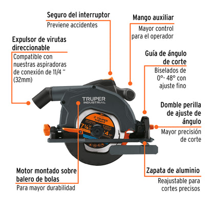 Sierra Circular TRUPER 7-1/4" 1900W Industrial SICI-7-1/4N5 - Motor Potente con LED y Ajuste Bisel 48° para Corte Preciso en Madera
