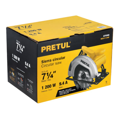 Sierra Circular PRETUL 7-1/4" 1200W Profesional - Cortes Precisos en Madera con Ajuste Bisel 45° y Sistema Cambio Rápido - SICI-7-1/4P