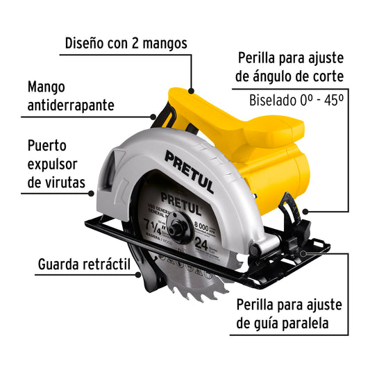 Sierra Circular PRETUL 7-1/4" 1200W Profesional - Cortes Precisos en Madera con Ajuste Bisel 45° y Sistema Cambio Rápido - SICI-7-1/4P