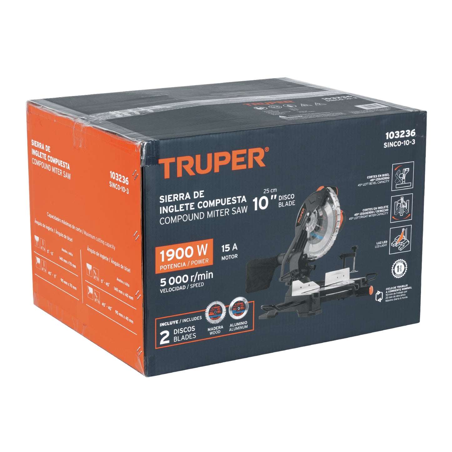 Sierra de Inglete Compuesta 10" TRUPER 1900W - Cortes Precisos Madera y Aluminio - SINCO-10-3