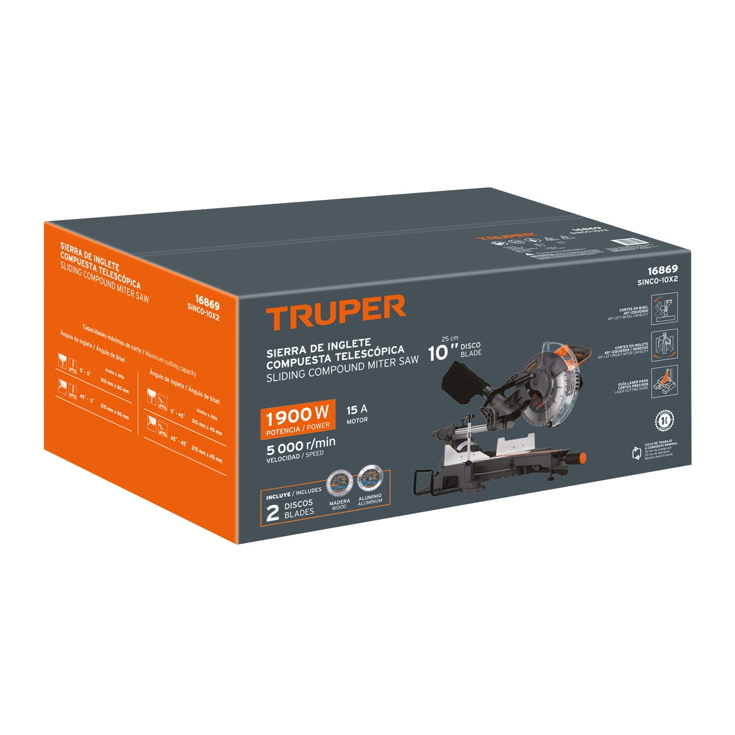 Sierra de Inglete Telescópica 10" 1900W TRUPER SINCO-10X2 - Cortes Precisos Madera y Aluminio con Guía Láser