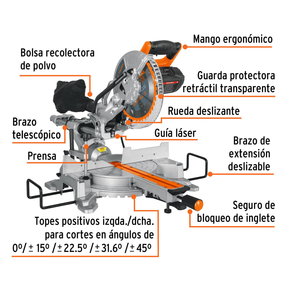 Sierra de inglete 10" de 1900 W telescópica compuesta