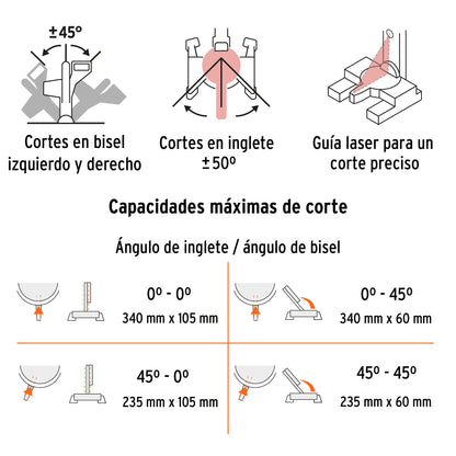 Sierra de Inglete Telescópica 12 Pulgadas 2000W TRUPER SINCO-12 - Cortes Precisos Bisel 45° Madera y Aluminio