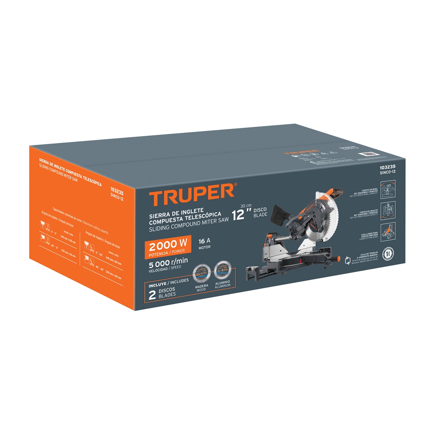 Sierra de Inglete Telescópica 12 Pulgadas 2000W TRUPER SINCO-12 - Cortes Precisos Bisel 45° Madera y Aluminio