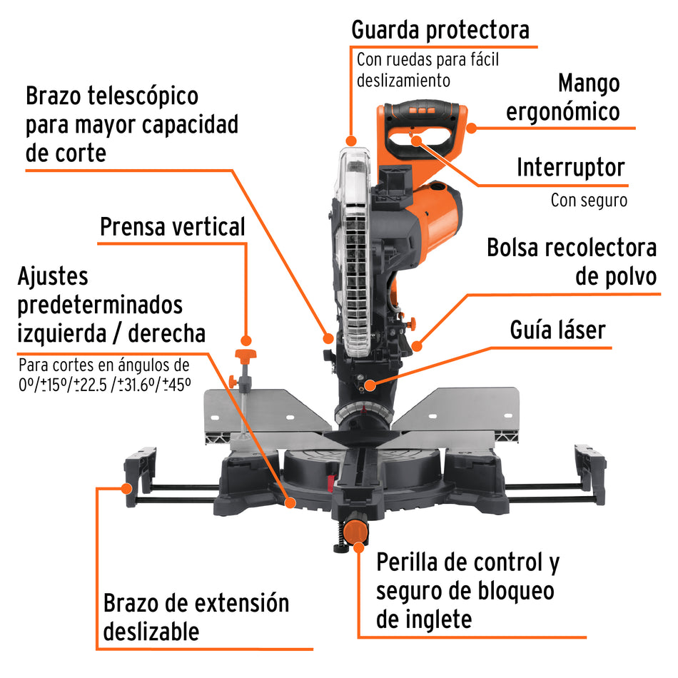 Sierra de Inglete Telescópica 12 Pulgadas 2000W TRUPER SINCO-12 - Cortes Precisos Bisel 45° Madera y Aluminio
