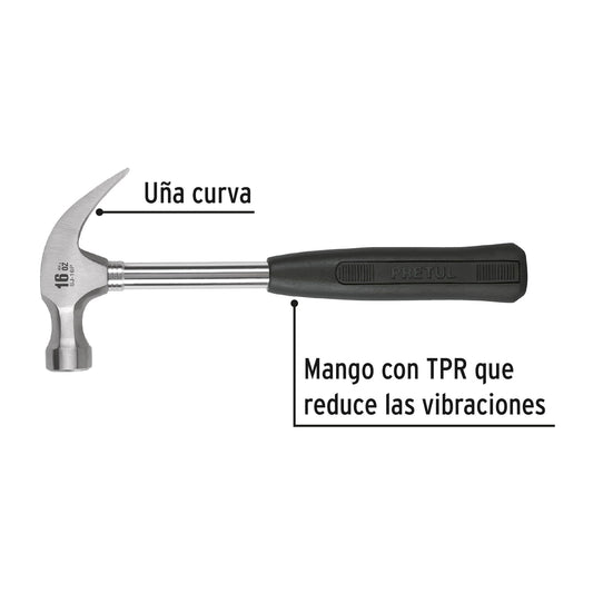 Martillo Pretul 16 oz Uña Curva SJ-16P - Mango Antivibración TPR para Clavar y Extraer Clavos