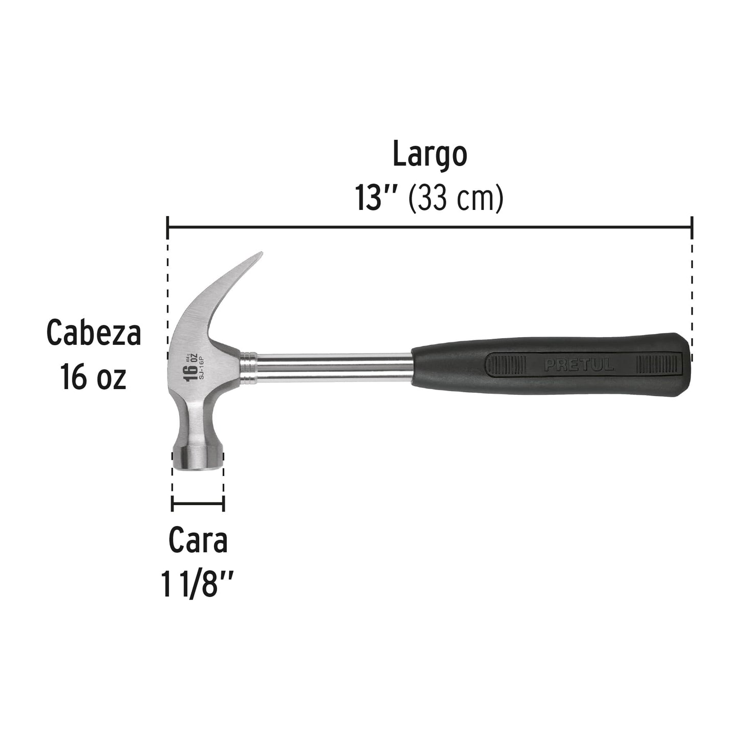 Martillo Pretul 16 oz Uña Curva SJ-16P - Mango Antivibración TPR para Clavar y Extraer Clavos