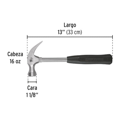 Martillo Pretul 16 oz Uña Curva SJ-16P - Mango Antivibración TPR para Clavar y Extraer Clavos