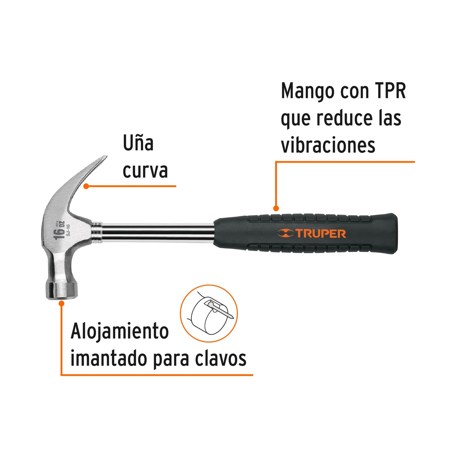 Martillo Profesional 16 oz SJ-16 Uña Curva Anti-Vibración - Ideal para Clavar y Extraer Clavos con Precisión