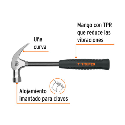 Martillo Profesional 16 oz SJ-16 Uña Curva Anti-Vibración - Ideal para Clavar y Extraer Clavos con Precisión