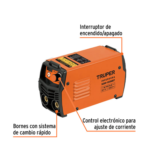 Mini Soldadora Inversora TRUPER 130A Bivoltaje 127/220V - Portátil y Eficiente para Soldadura Profesional SMAW TIG - SOIN-120MBT