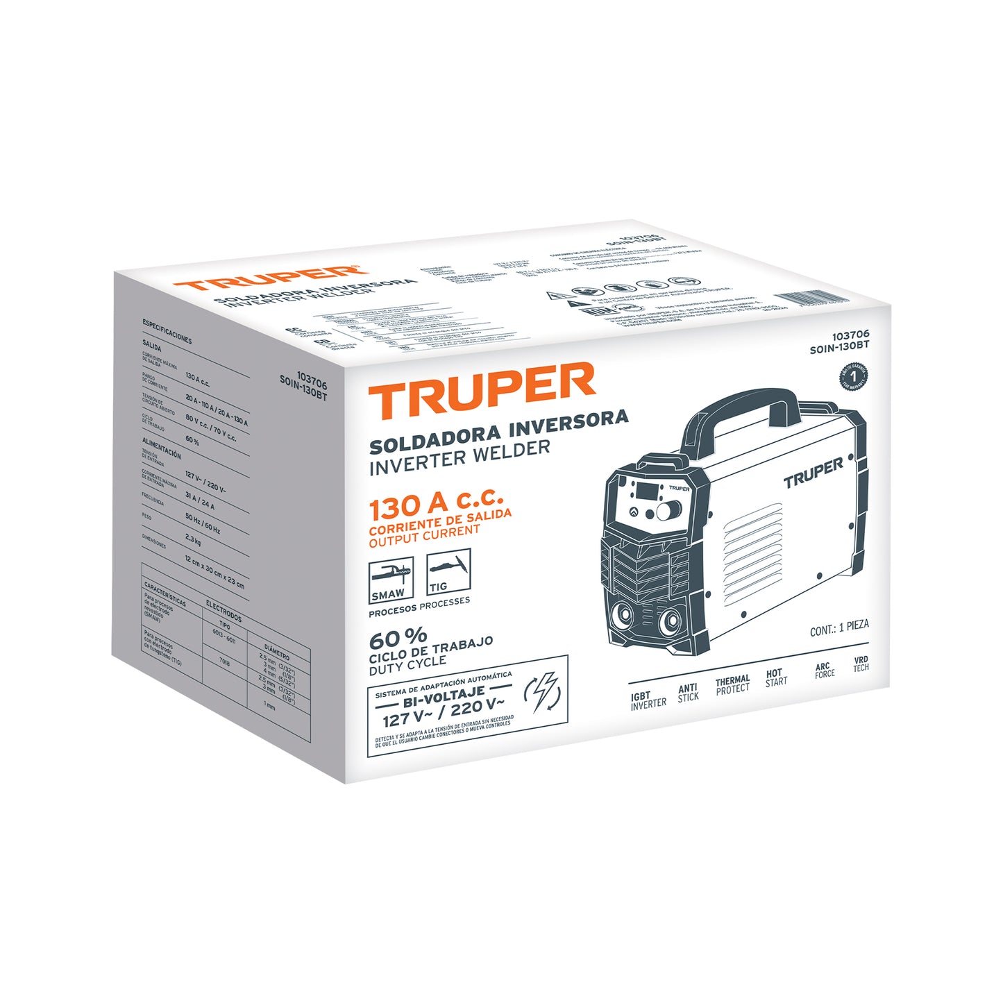 Soldadora Inversora TRUPER 130A Bi-Voltaje 127/220V - Solución Profesional para Soldadura SMAW TIG - Ligera Portátil Eficiente