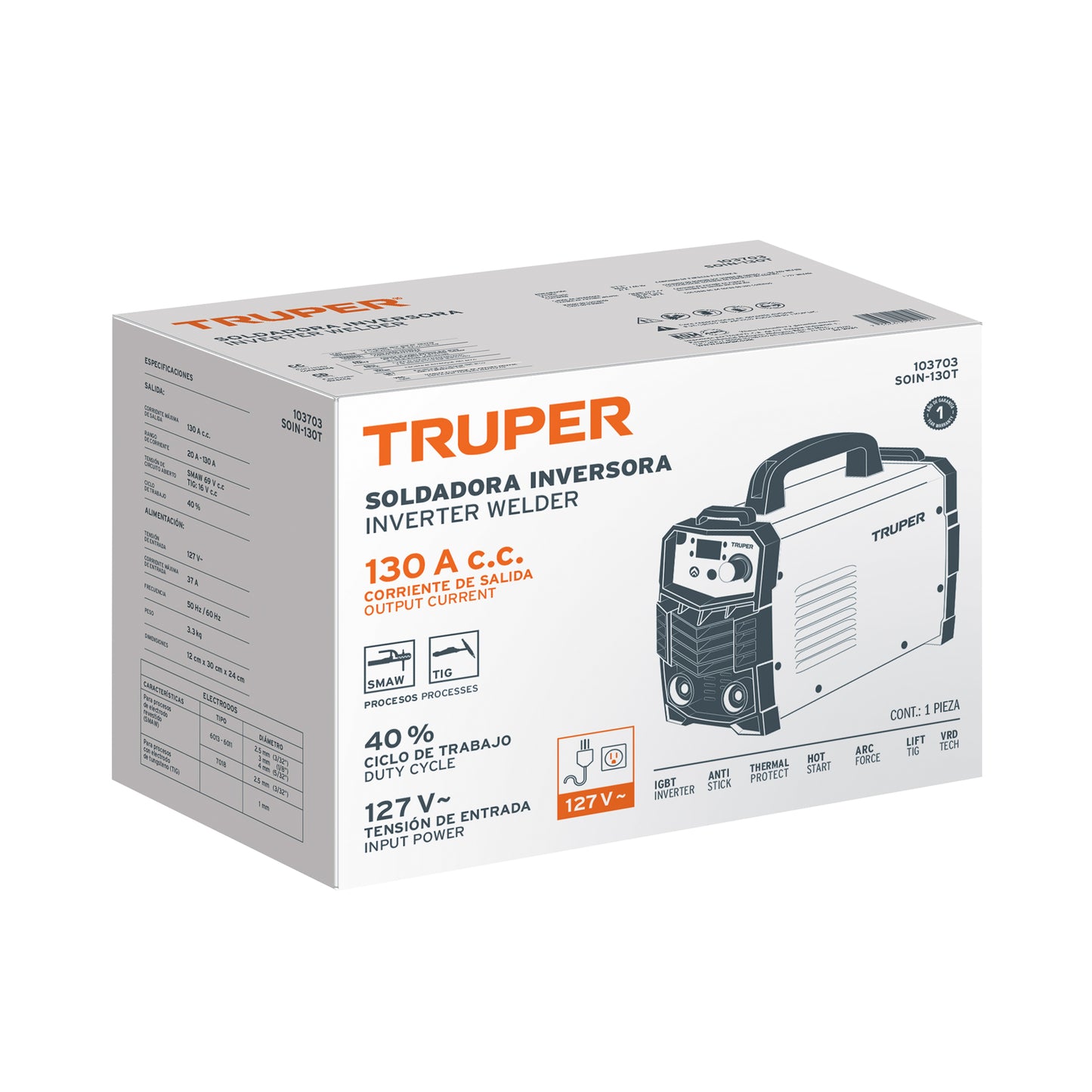 Soldadora Inversora TRUPER 130A 127V SOIN-130T - Portátil Compacta Electrodo TIG SMAW MMA - Solución Profesional Soldadura Eficiente
