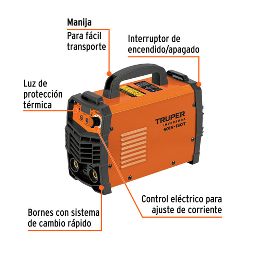 Soldadora Inversora TRUPER 130A 127V SOIN-130T - Portátil Compacta Electrodo TIG SMAW MMA - Solución Profesional Soldadura Eficiente