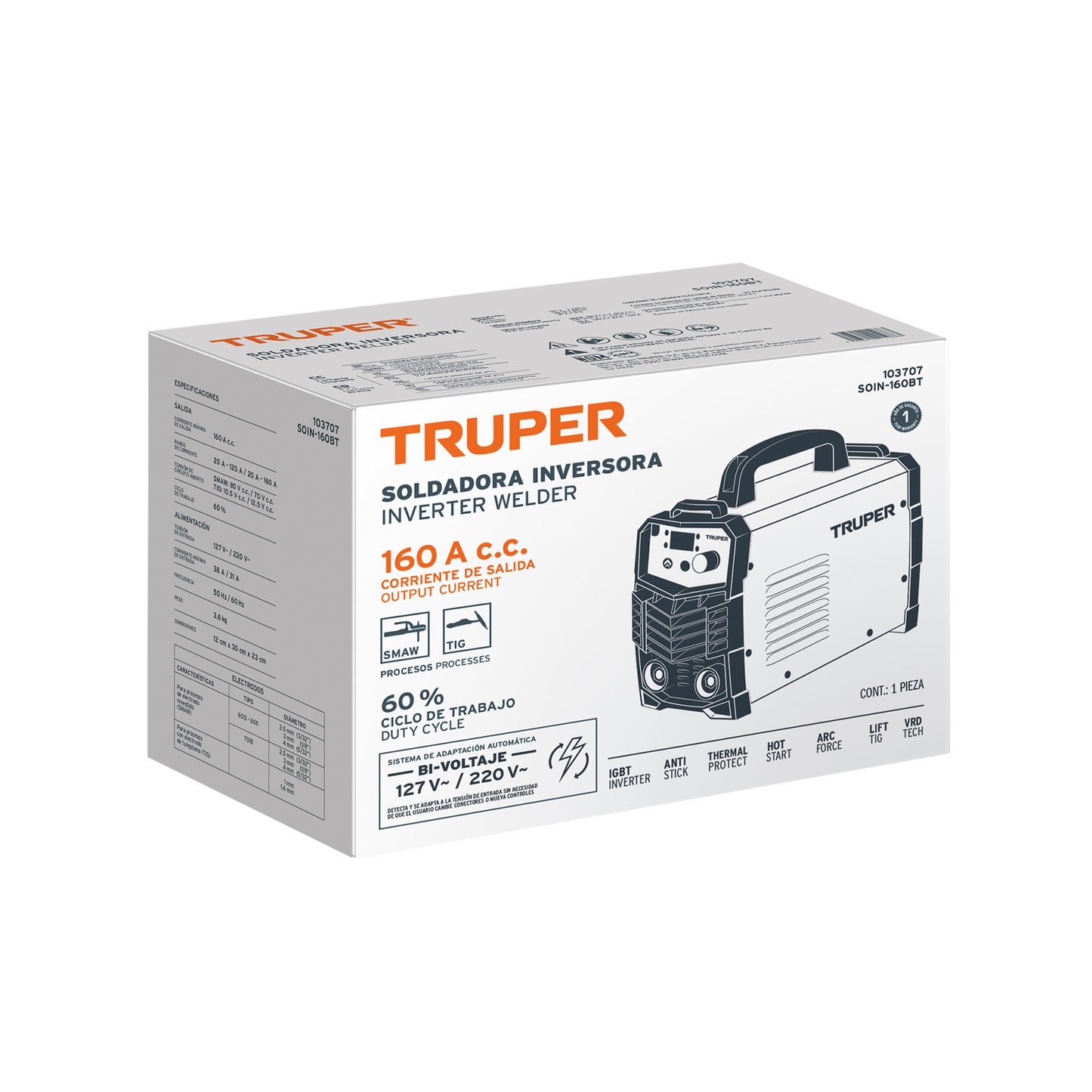 Soldadora Inversora TRUPER 160A Bi-Voltaje 127/220V - Portátil y Eficiente para Soldadura Profesional SMAW TIG - SOIN-160BT