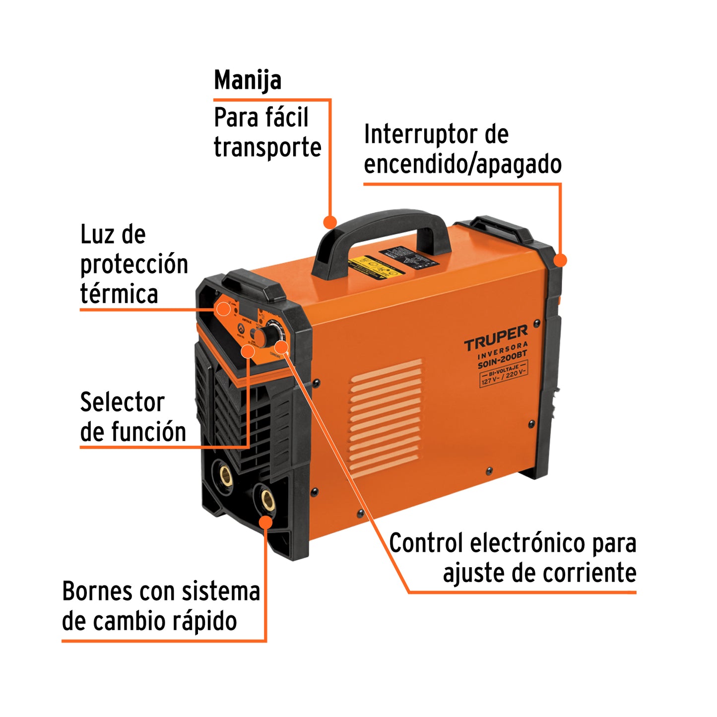 Soldadora Inversora TRUPER 200A Bi-Voltaje SOIN-200BT - Solución Portátil para Soldadura Profesional SMAW TIG - Sistema Automático 127/220V Sin Cambio de Conectores - Electrodo Revestido y Tungsteno Hasta 5/32 Pulgadas
