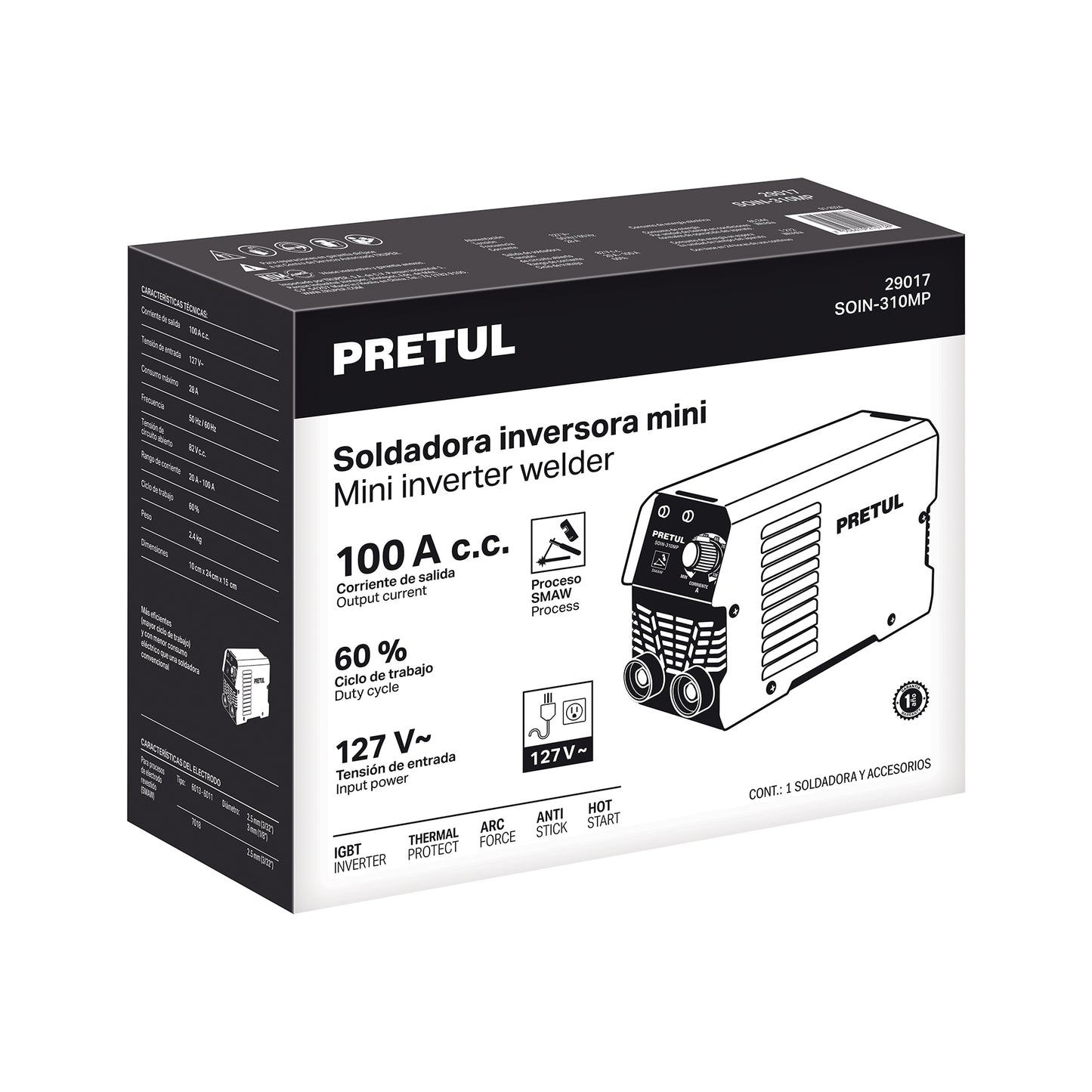 Mini Soldadora Inversora PRETUL 100A 127V Serie 300 - Solución Portátil para Soldadura Profesional SMAW-MMA - Modelo SOIN-310MP