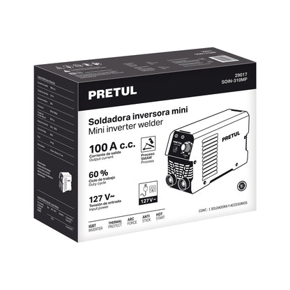 Mini Soldadora Inversora PRETUL 100A 127V Serie 300 - Solución Portátil para Soldadura Profesional SMAW-MMA - Modelo SOIN-310MP