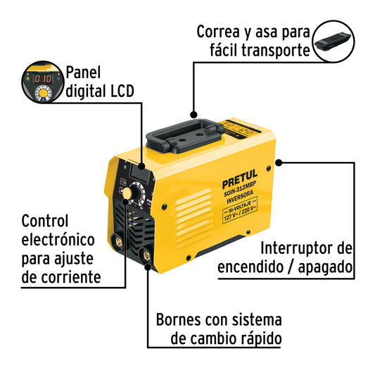 Mini Soldadora Inversora 130A Bivoltaje PRETUL SOIN-313MBP - Portátil Profesional para Electrodo Revestido SMAW MMA