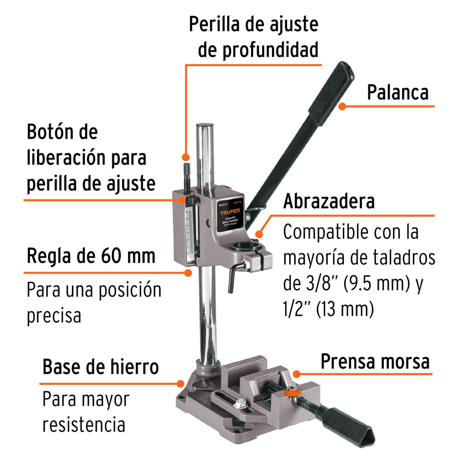 Soporte vertical para taladro 3/8"-1/2", Truper, Carpinteria, Herreria, Construccion