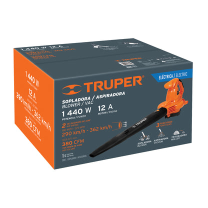 Sopladora y aspiradora TRUPER de 1,440 W con bolsa recolectora. Ideal para limpieza de jardines, talleres y espacios exteriores.