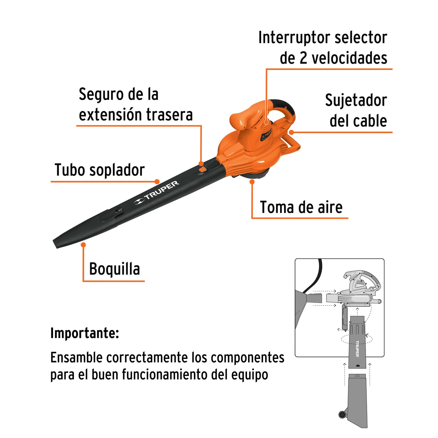 Sopladora y aspiradora TRUPER de 1,440 W con bolsa recolectora. Ideal para limpieza de jardines, talleres y espacios exteriores.